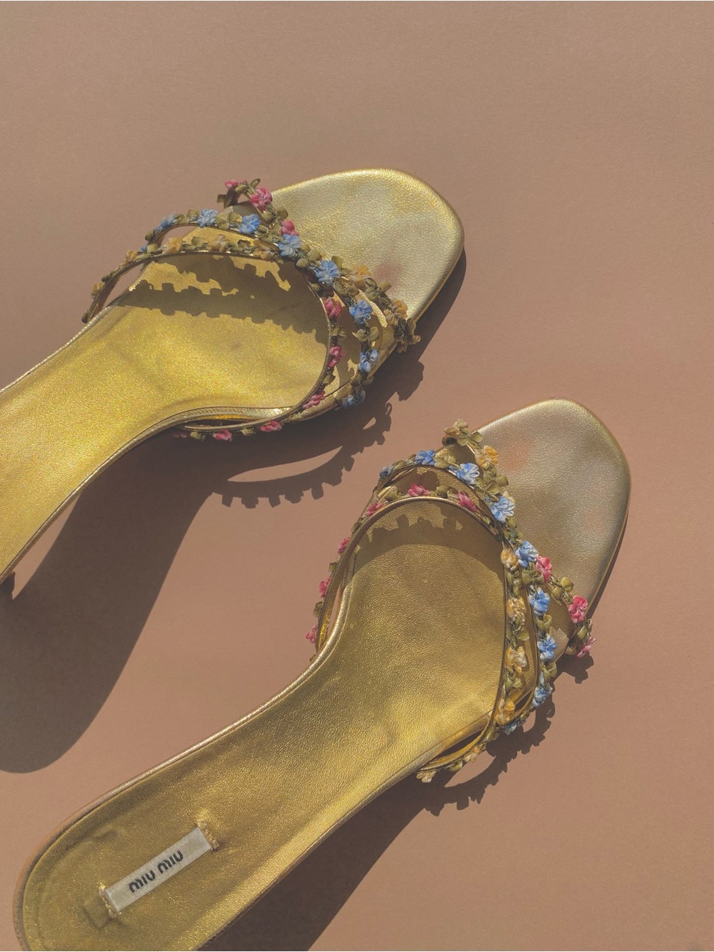 RARE Vintage Miu Miu floral gold kitten strappy heels